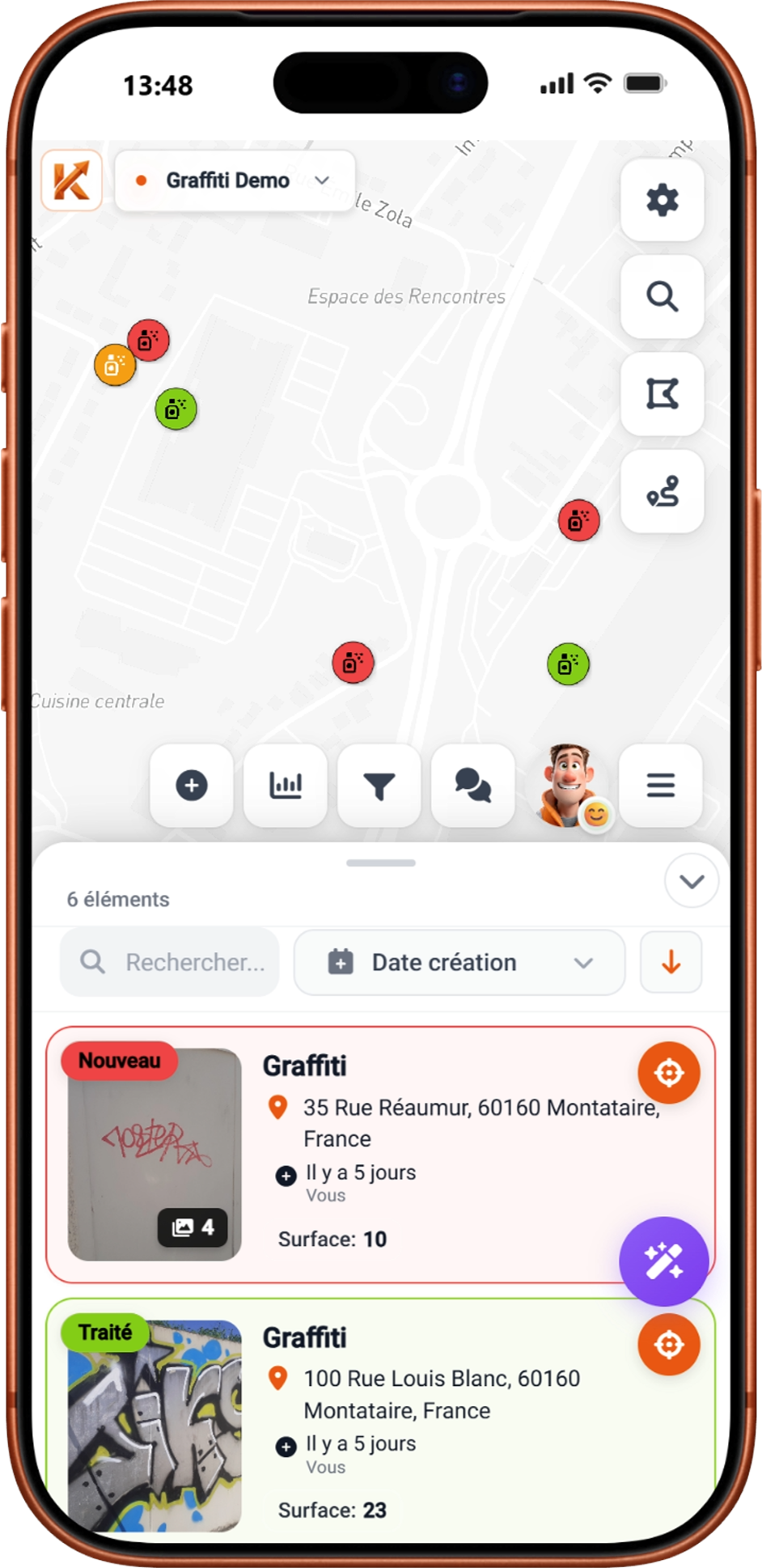 Kartes Intervención: Lista y mapa de los elementos