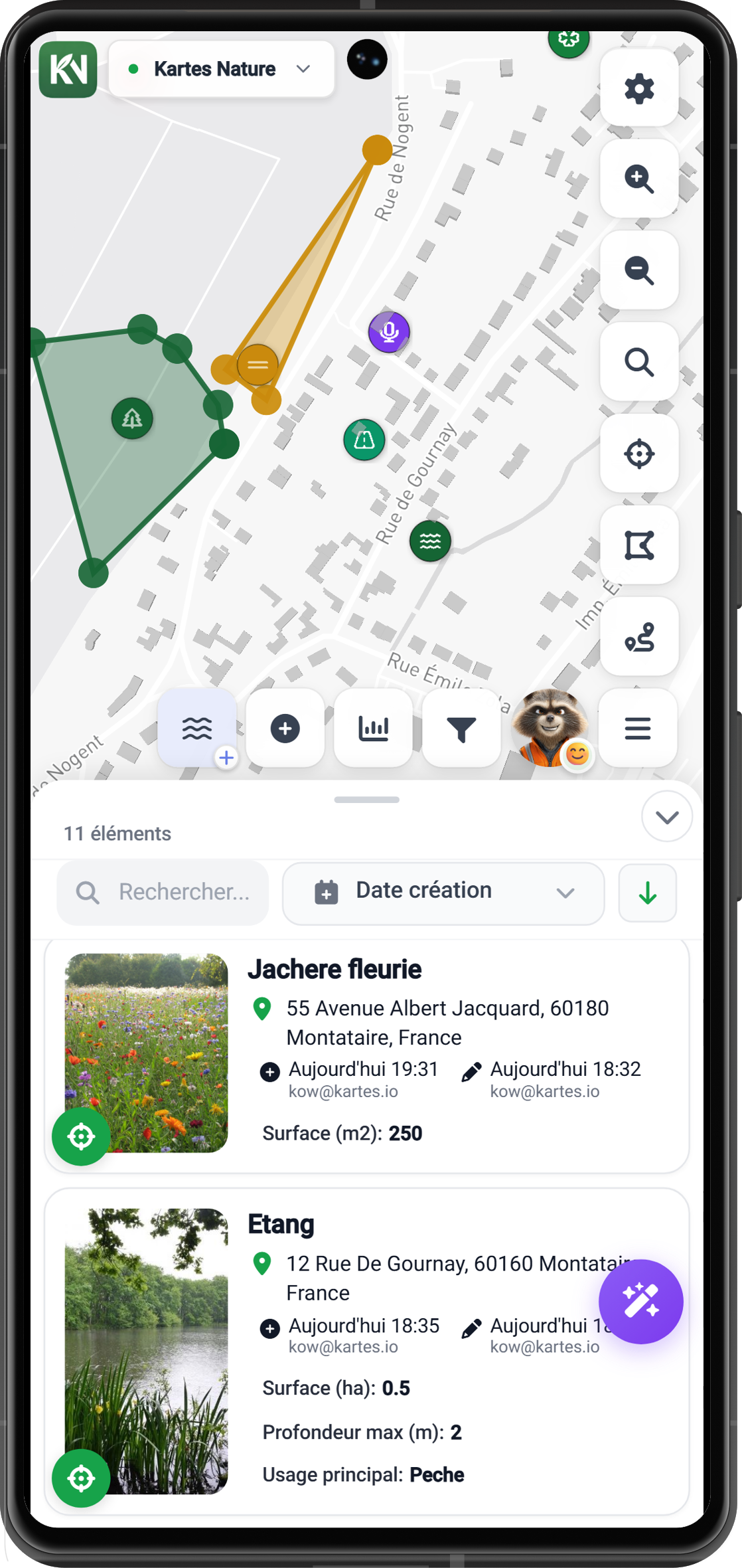 Kartes Nature listing des éléments de biodiversité