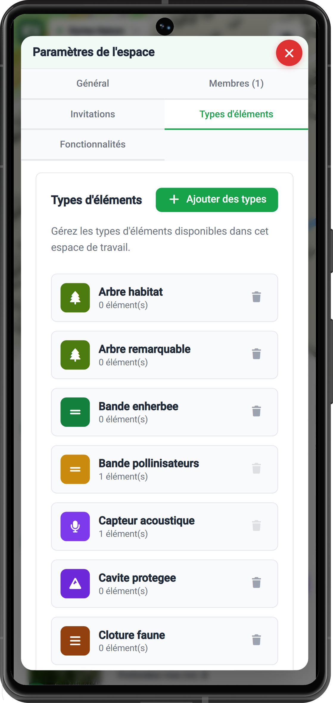 Types d'éléments de biodiversité