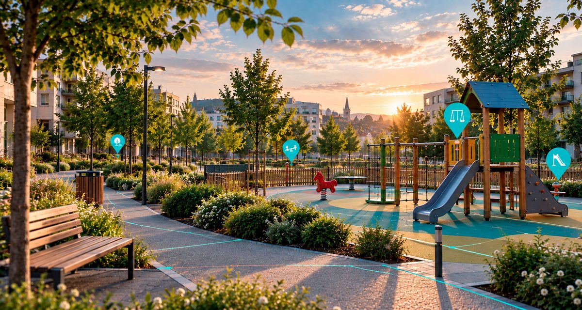 Playground with a play structure, slide and impact-absorbing surface