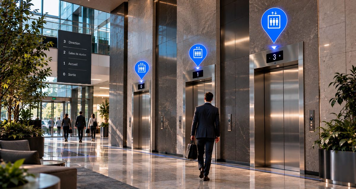 Bank of lifts in a building lobby