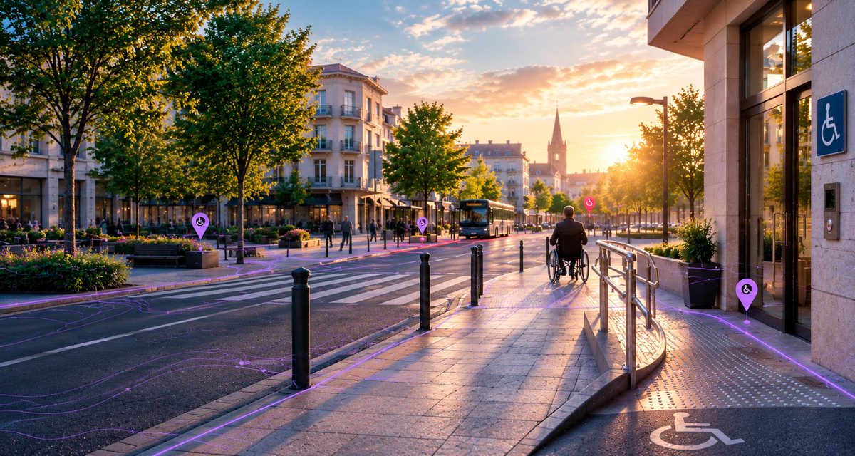 Cheminement accessible en ville avec rampe et personne en fauteuil roulant