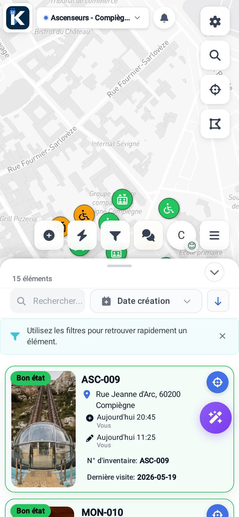 Suivi Ascenseurs par statut dans KARTES