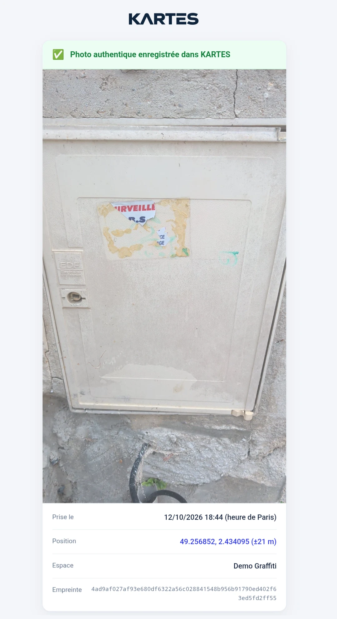 KARTES probative photo: timestamp, GPS location and verification fingerprint